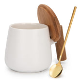 GOOD ALWAYS ceramic mug with lid and spoon keeps coffee hot and ready.