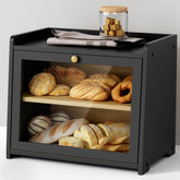 Goozii black bread box front view showing matte finish and bamboo construction