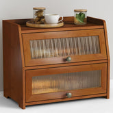 Goozii walnut brown roll top bread box front view keeps bread organized on the counter.