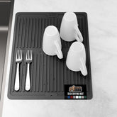 Gorilla Grip dish drying mat with ribbed design for rapid air drying.