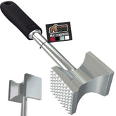 GORILLA GRIP dual-sided meat tenderizer head for even pounding and flavor release.