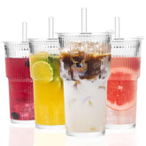 GOSCHE 20oz glass cup set with lids and straws for iced coffee at home.