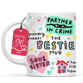 Gossby Bestie mug front design highlights friendship motif for morning coffee rituals