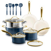 Gotham Steel 15-piece ceramic cookware set in cream finish for even heating and easy cleanup