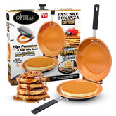 Gotham Steel double pan pancake bonanza enables fluffy pancakes with easy flip.