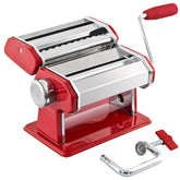 GOURMEX stainless steel pasta maker with red handle ideal for fresh pasta at home.