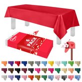 Grandipity red plastic tablecloth provides full coverage for 54 x 108 inch tables.