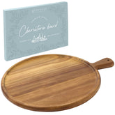 Grazerie round acacia charcuterie board with handle for easy serving at gatherings.