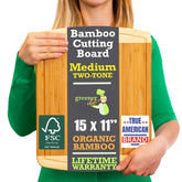 Greener Chef 15-Inch cutting board top view showing two-tone bamboo surface ideal for prep