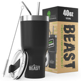 Greens Steel Beast 40oz tumbler matte black exterior keeps drinks cool on the go.