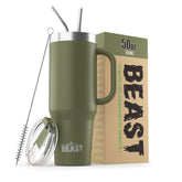 Greens Steel Beast 50 oz tumbler with sturdy handle for easy transport on adventures.