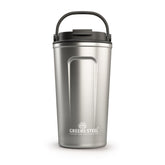 Greens Steel coffee cup lid-handle: secure, portable travel companion for hot drinks.