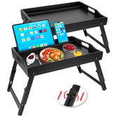 Greenual bed tray with media slot and folding legs for hands-free tablet viewing.