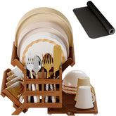 Greenual teak dish drying rack with utensil holder on counter, 3-tier collapsible design saves counter space