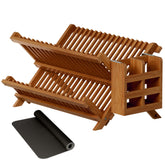 Greenual Teak Dish Drying Rack with Utensil Holder on kitchen counter keeps items organized.