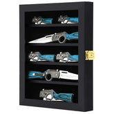 Grintus pocket knife display front view with wood frame and UV-protected acrylic