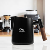 Guowall milk frothing pitcher with black wood handle for silky latte foam