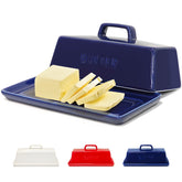 Gute butter dish with lid on navy ceramic surface preserves flavor and keeps butter covered