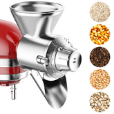 GVODE all-metal grain mill attachment on KitchenAid hub, durable for versatile grinding.