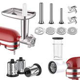 GVODE meat grinder attachment for KitchenAid shown with sausage stuffer tubes for burgers.
