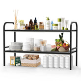 HADWER expandable under-sink organizer front view showing two-tier layout for easy kitchen organization.