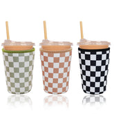 Haevola Checkered Delight sleeve set on a cold drink protects hands from condensation