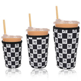 Haevola neoprene sleeve with black checkered bows pattern keeps drinks cold and hands dry