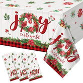 Hallswl Christmas tablecloth with JOY on woodgrain backdrop for festive gatherings.