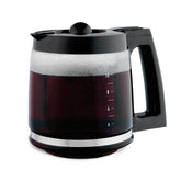 Hamilton Beach carafe with black handle and lid, 12-cup capacity for steady coffee service.
