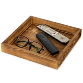 Hanobe square wooden ottoman tray torched wood top view, ideal for organizing remotes and cups