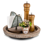 Hanobe turntable rustic tray top view showcases a sturdy wood centerpiece