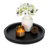 Hanobe wooden tray on a coffee table front view adds a stylish round centerpiece