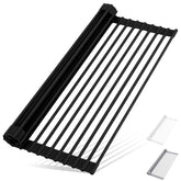 HANZENMA over-sink dish drying rack in black clears counters and dries dishes efficiently.