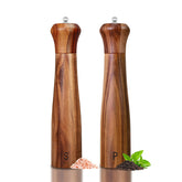 Haomacro acacia salt and pepper grinders 2-pack on kitchen counter with natural wood finish, stylish and practical.