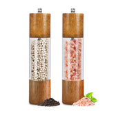 Haomacro salt and pepper grinders front view, elegant oak and acrylic design for table-ready seasoning.