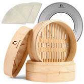 Happi Studio bamboo steamer 10inch 2-tier closeup shows durable natural bamboo for steady steaming.