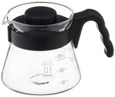 Hario V60 glass coffee server with 450 ml capacity and black finish for everyday brewing.
