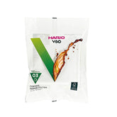 Hario V60 Size 03 white paper filters come in a 100-count pack for easy brewing.