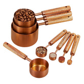 HARURI copper-tone measuring cups with wooden handles for precise baking measurements.