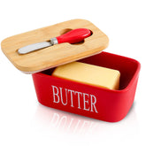 Hasense porcelain butter dish with red bamboo lid on counter, keeps butter fresh.