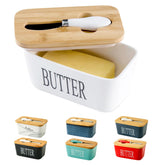Hasense porcelain butter dish with bamboo lid on counter keeps butter fresh.