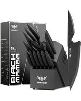 Haugo Black Mamba knife block with built-in sharpener for edge maintenance.