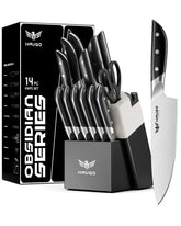 Haugo Obsidian 14-piece knife set displayed with block for organized kitchen prep