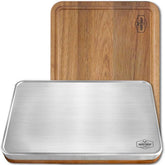 HAVHAF stainless-steel cutting board with lip for rib keeps juices on the board.