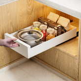 HBL 21-inch deep pull-out cabinet organizer with adhesive for flexible kitchen storage.