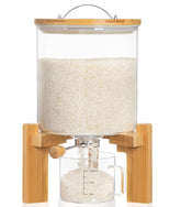 HBlife glass rice dispenser on wooden stand for precise portions and easy visibility.