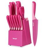 hecef 15-piece knife set in wooden block with built-in sharpener for convenient daily prep