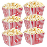 Hedume popcorn containers with red-white stripes, square top view, ideal for movie night.