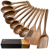 Hefild wooden spoons and spatulas on the counter, gentle on nonstick cookware