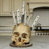 HeiheiTom skull knife holder with hand-painted detail for stylish kitchen organization.